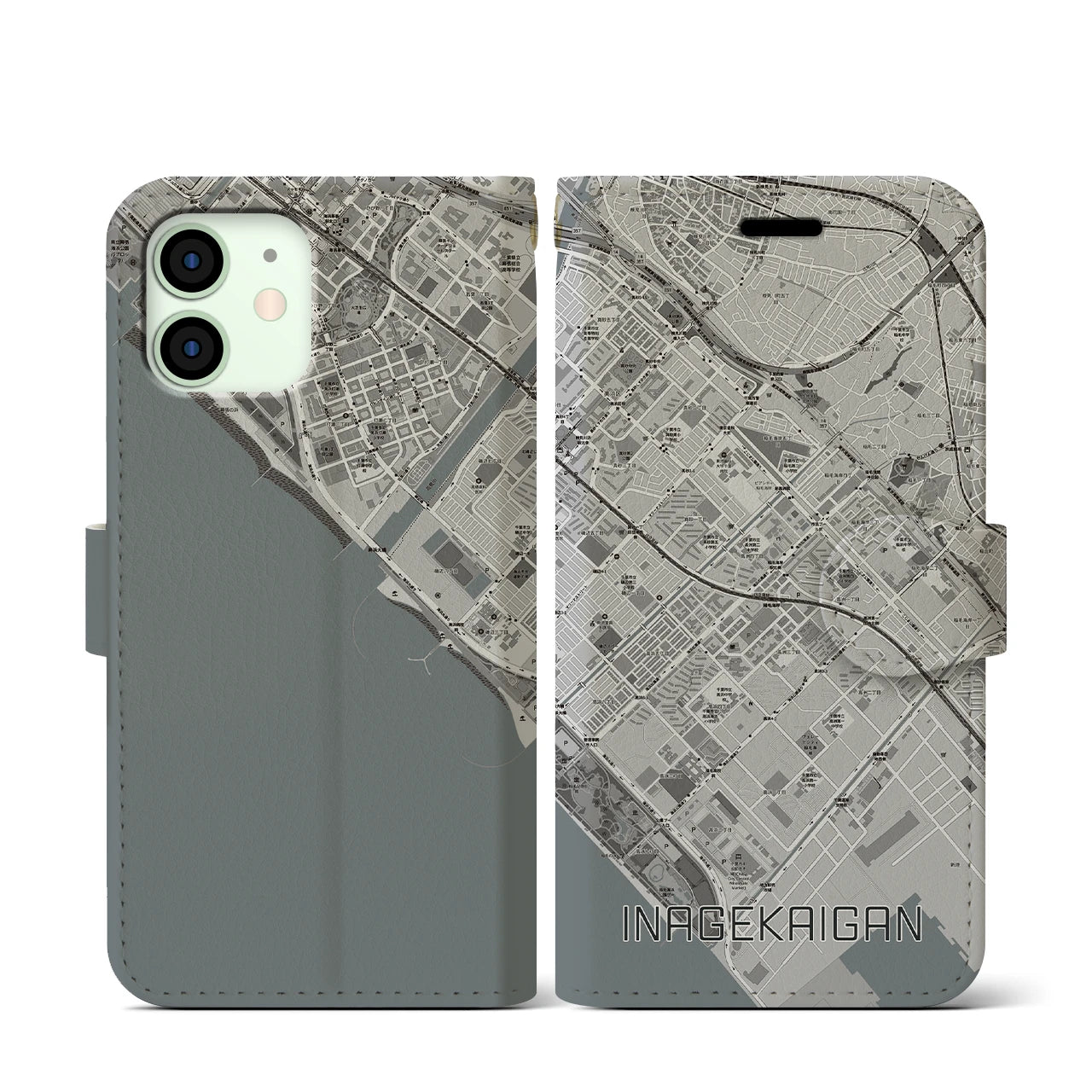 【稲毛海岸(千葉県)】地図柄iPhoneケース(手帳タイプ)モノトーン・iPhone 12 mini 用