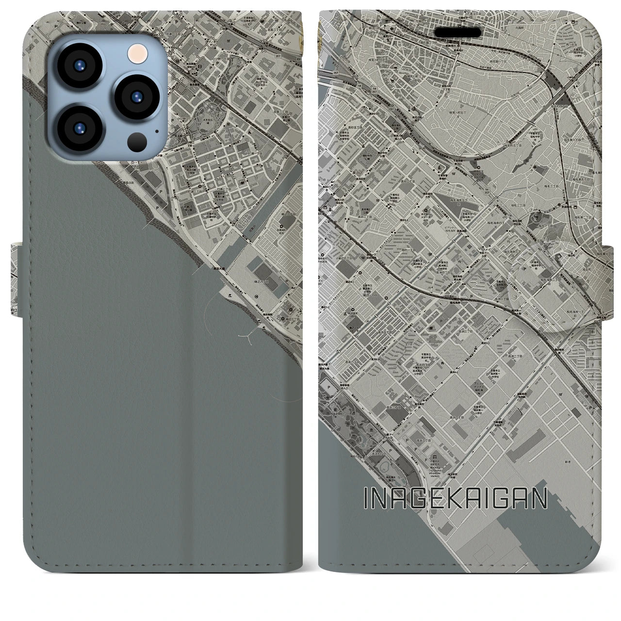 【稲毛海岸(千葉県)】地図柄iPhoneケース(手帳タイプ)モノトーン・iPhone 13 Pro Max 用