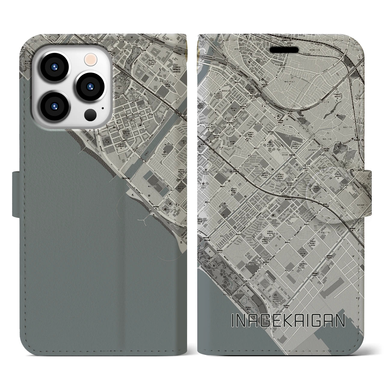 【稲毛海岸(千葉県)】地図柄iPhoneケース(手帳タイプ)モノトーン・iPhone 13 Pro 用