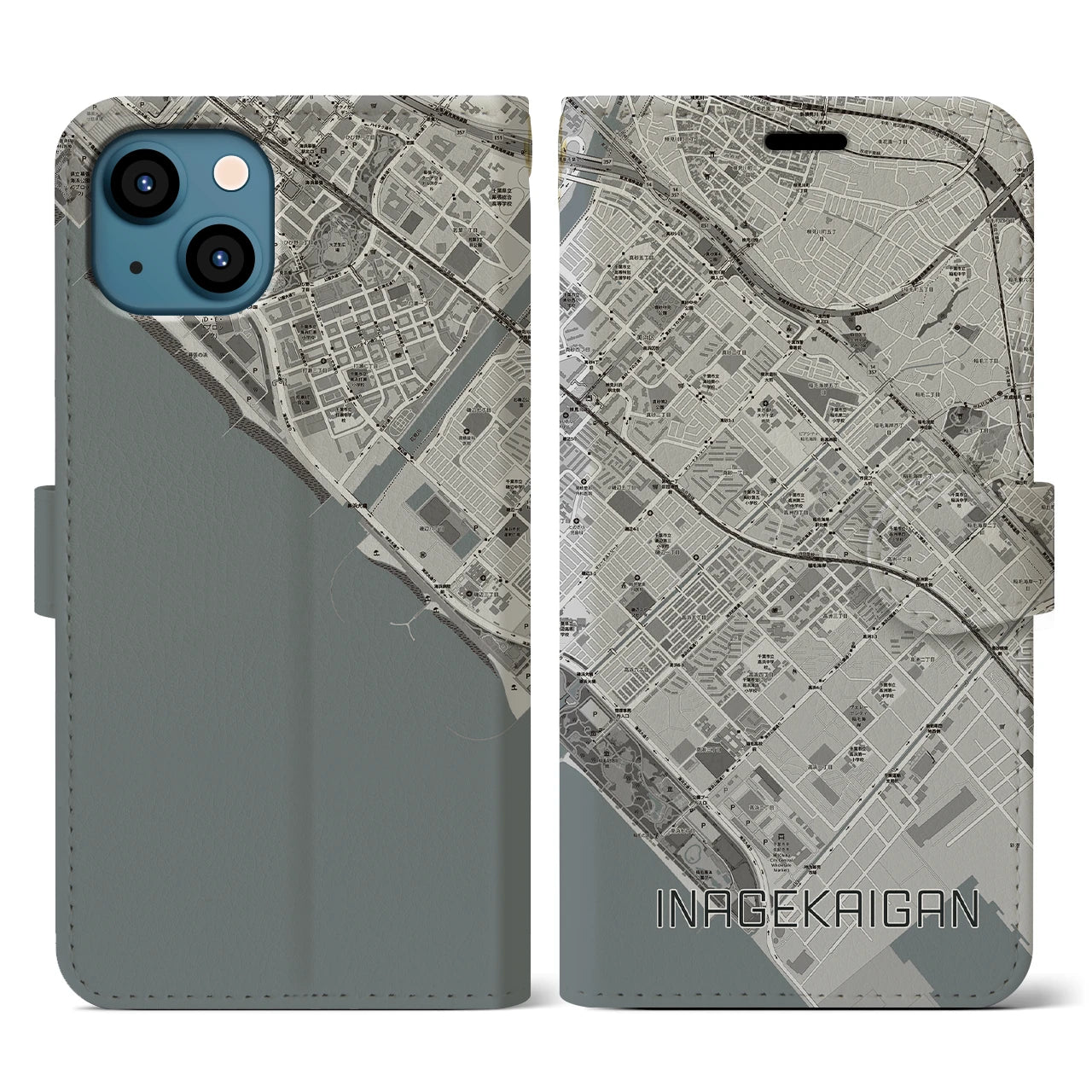 【稲毛海岸(千葉県)】地図柄iPhoneケース(手帳タイプ)モノトーン・iPhone 13 用