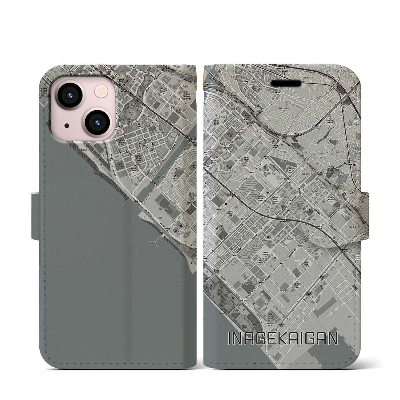 【稲毛海岸(千葉県)】地図柄iPhoneケース(手帳タイプ)モノトーン・iPhone 13 mini 用