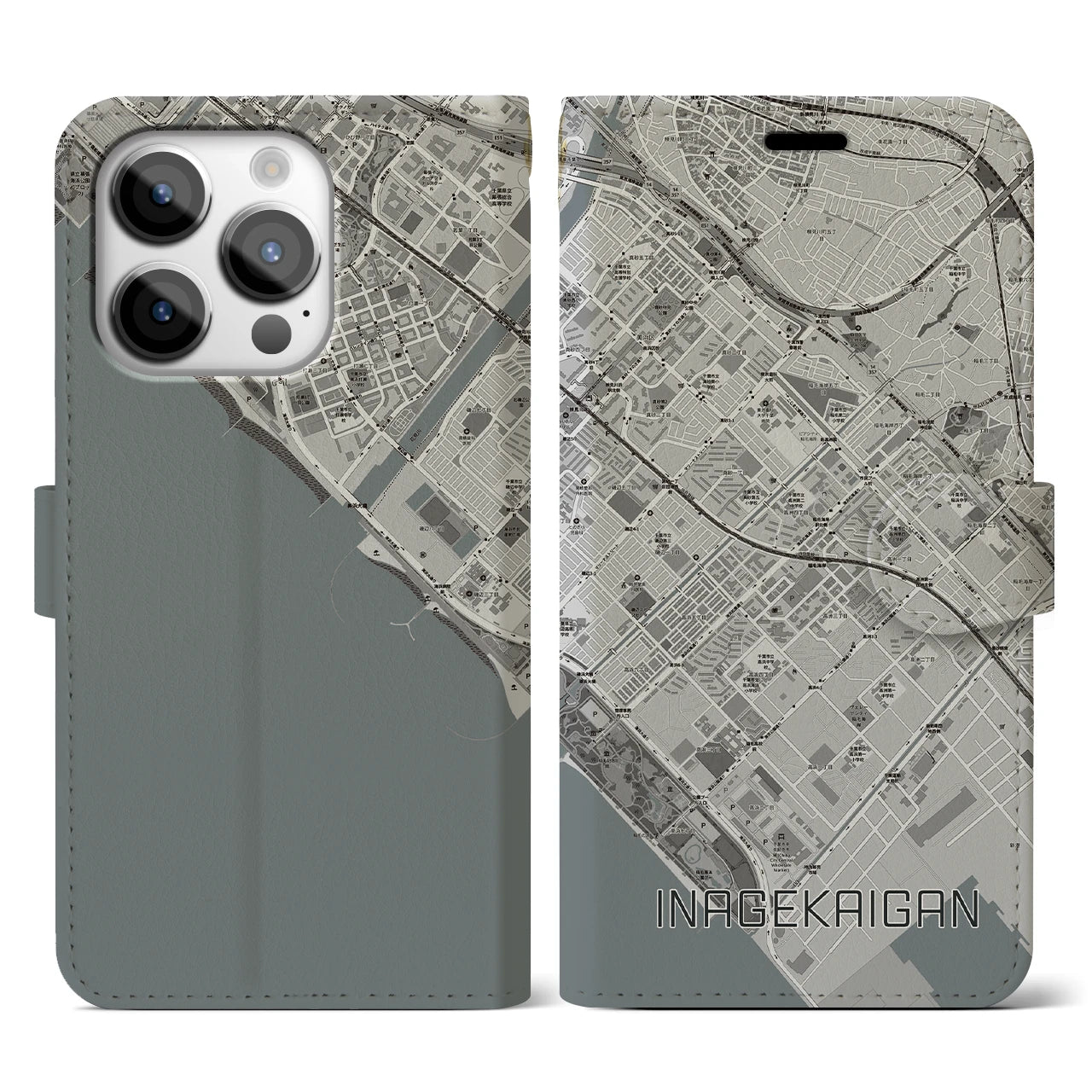 【稲毛海岸(千葉県)】地図柄iPhoneケース(手帳タイプ)モノトーン・iPhone 14 Pro 用