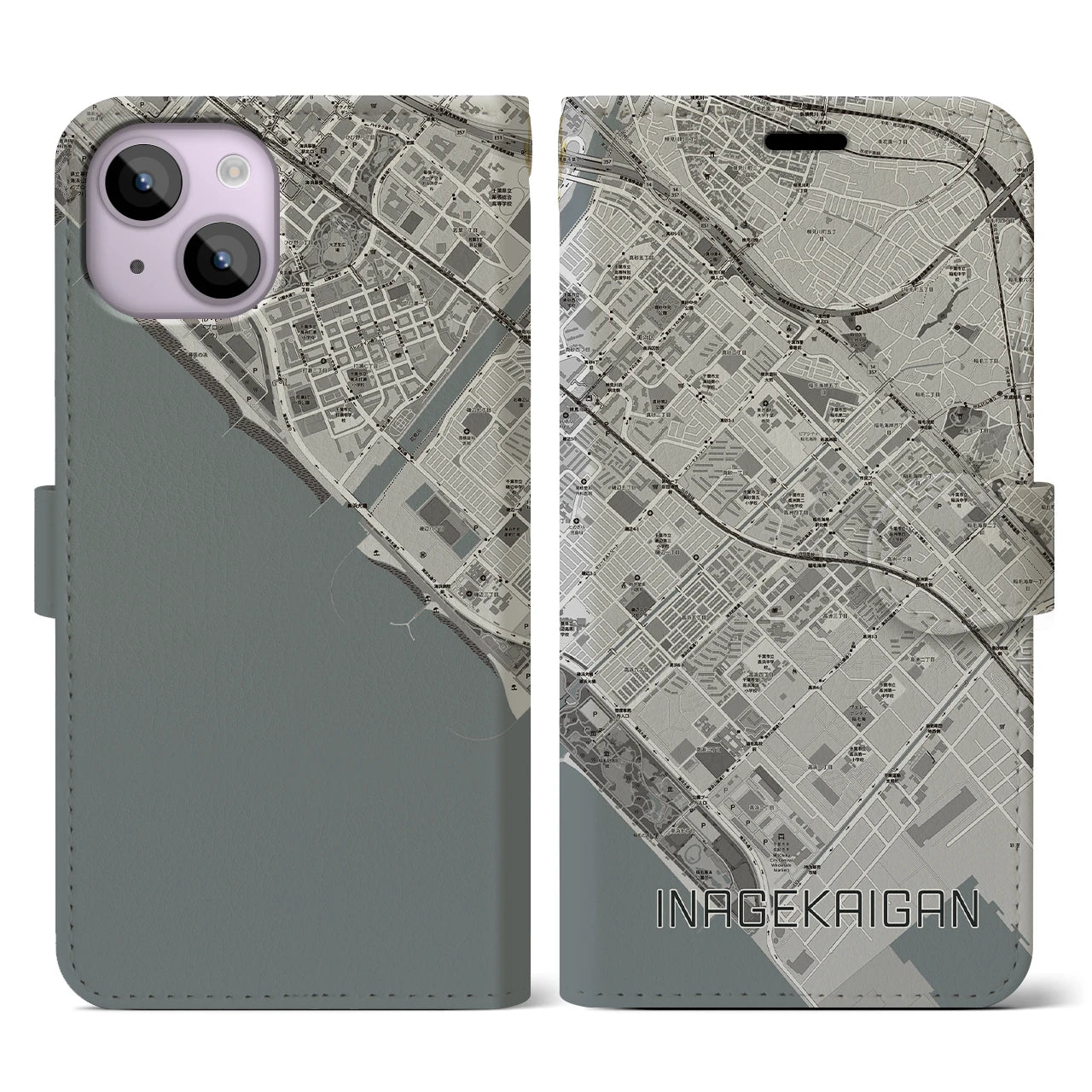 【稲毛海岸(千葉県)】地図柄iPhoneケース(手帳タイプ)モノトーン・iPhone 14 用