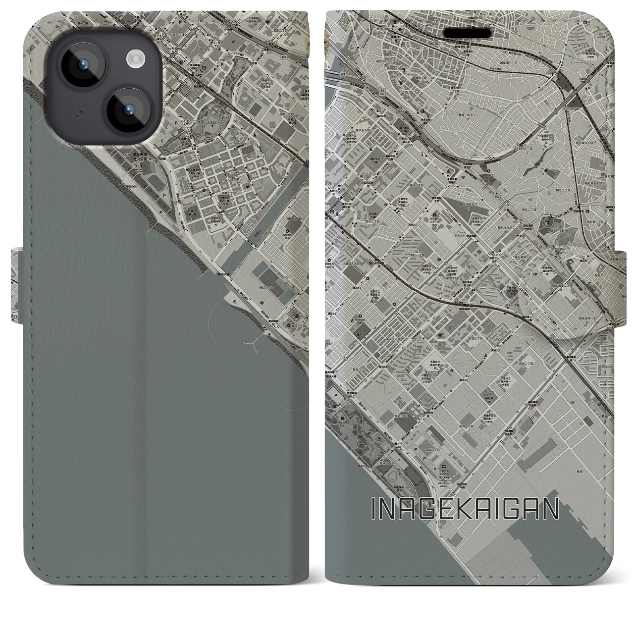 【稲毛海岸(千葉県)】地図柄iPhoneケース(手帳タイプ)モノトーン・iPhone 14 Plus 用