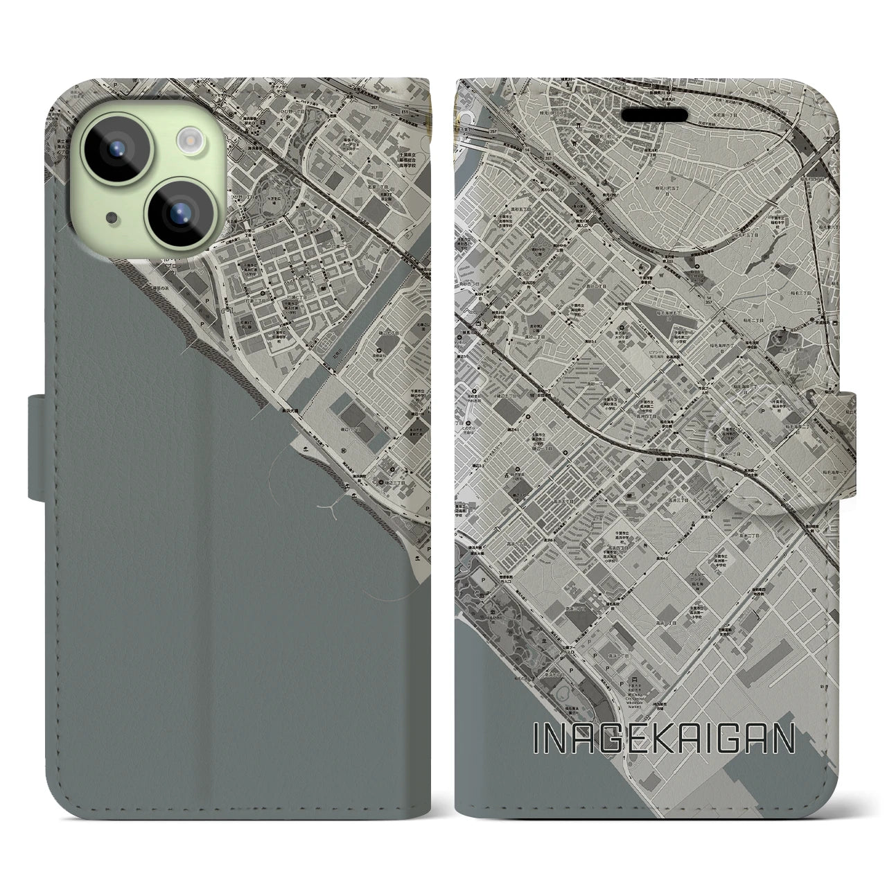 【稲毛海岸(千葉県)】地図柄iPhoneケース(手帳タイプ)モノトーン・iPhone 15 用