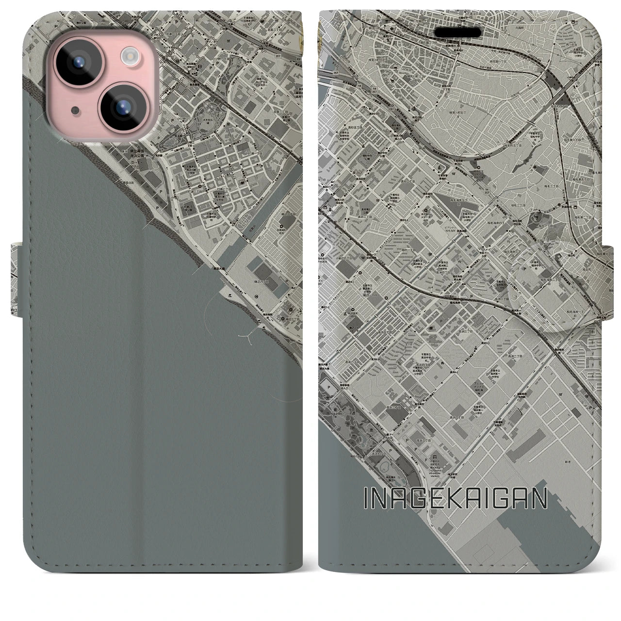 【稲毛海岸(千葉県)】地図柄iPhoneケース(手帳タイプ)モノトーン・iPhone 15 Plus 用