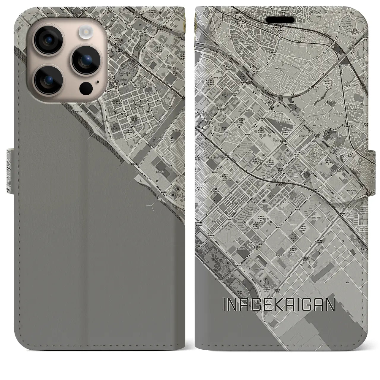 【稲毛海岸(千葉県)】地図柄iPhoneケース(手帳タイプ)モノトーン・iPhone 16 Plus 用