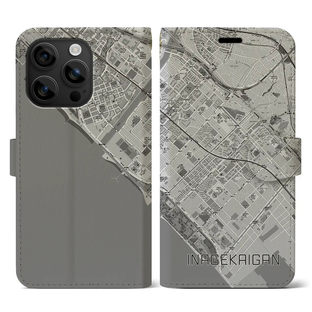 【稲毛海岸(千葉県)】地図柄iPhoneケース(手帳タイプ)モノトーン・iPhone 16 用