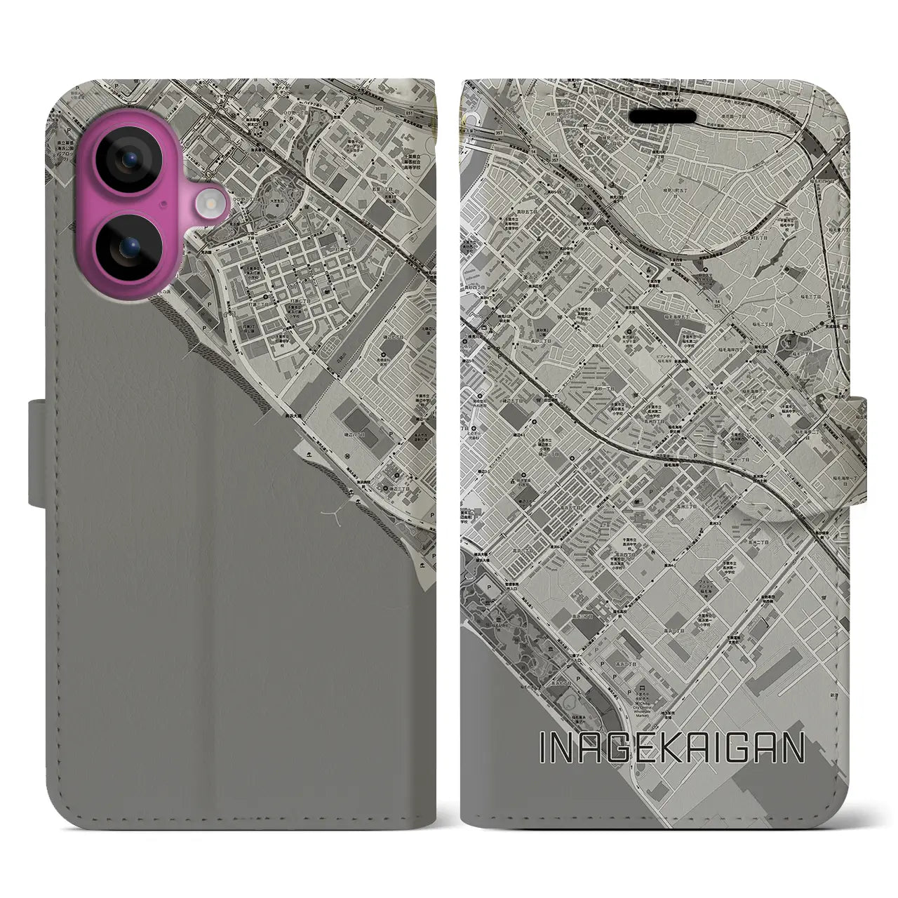【稲毛海岸(千葉県)】地図柄iPhoneケース(手帳タイプ)モノトーン・iPhone 16 Pro 用