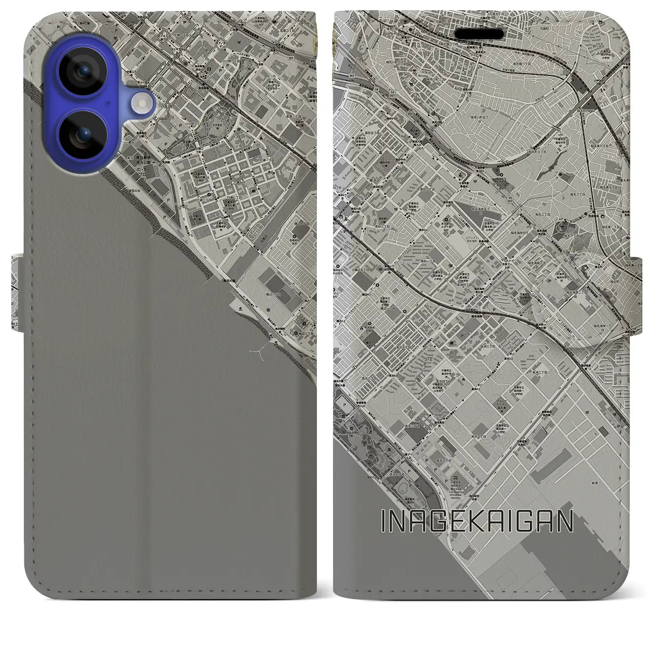 【稲毛海岸(千葉県)】地図柄iPhoneケース(手帳タイプ)モノトーン・iPhone 16 Pro Max 用