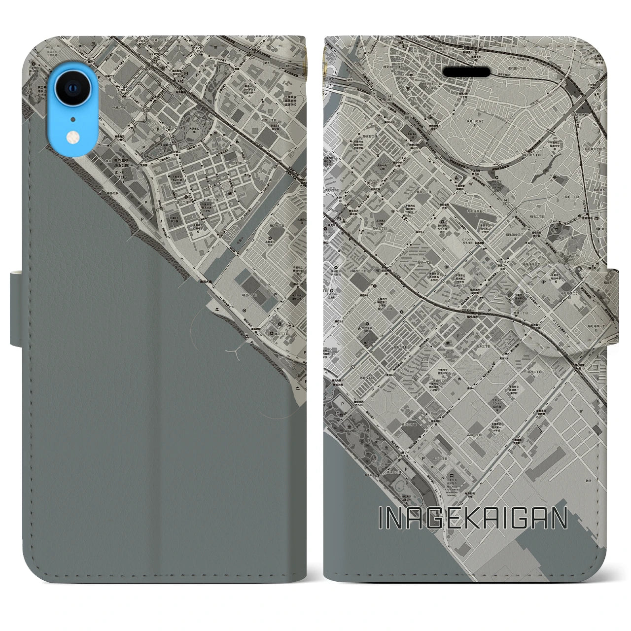 【稲毛海岸(千葉県)】地図柄iPhoneケース(手帳タイプ)モノトーン・iPhone XR 用