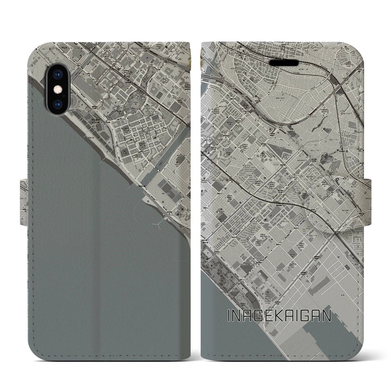 【稲毛海岸(千葉県)】地図柄iPhoneケース(手帳タイプ)モノトーン・iPhone XS / X 用