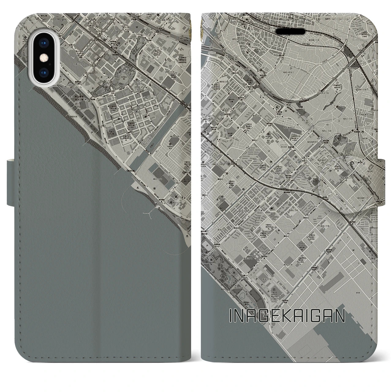 【稲毛海岸(千葉県)】地図柄iPhoneケース(手帳タイプ)モノトーン・iPhone XS Max 用