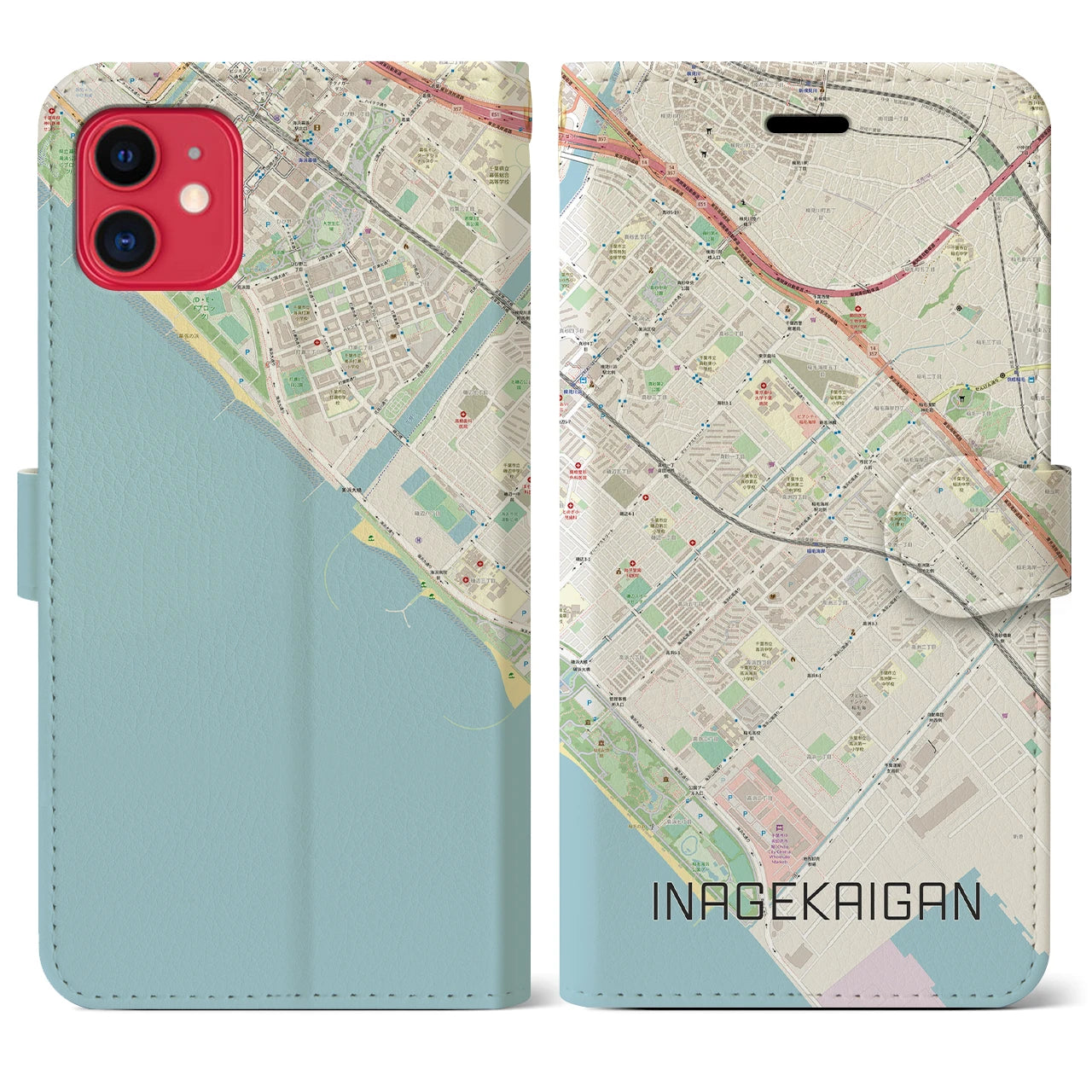 【稲毛海岸(千葉県)】地図柄iPhoneケース(手帳タイプ)ナチュラル・iPhone 11 用