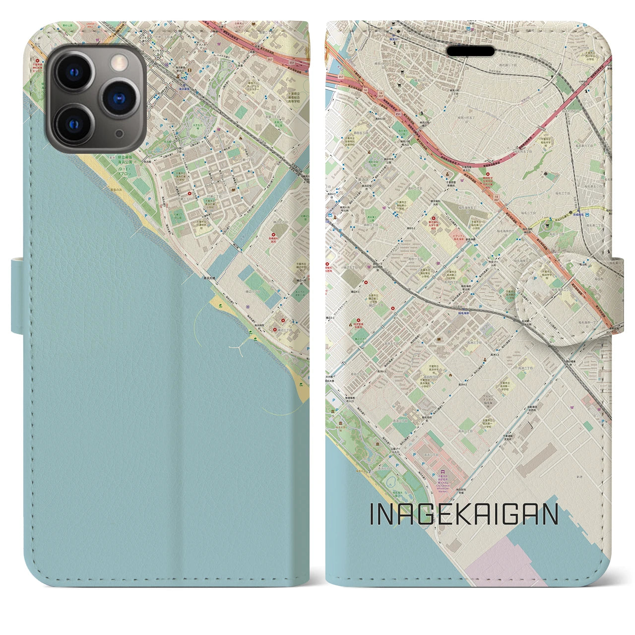 【稲毛海岸(千葉県)】地図柄iPhoneケース(手帳タイプ)ナチュラル・iPhone 11 Pro Max 用