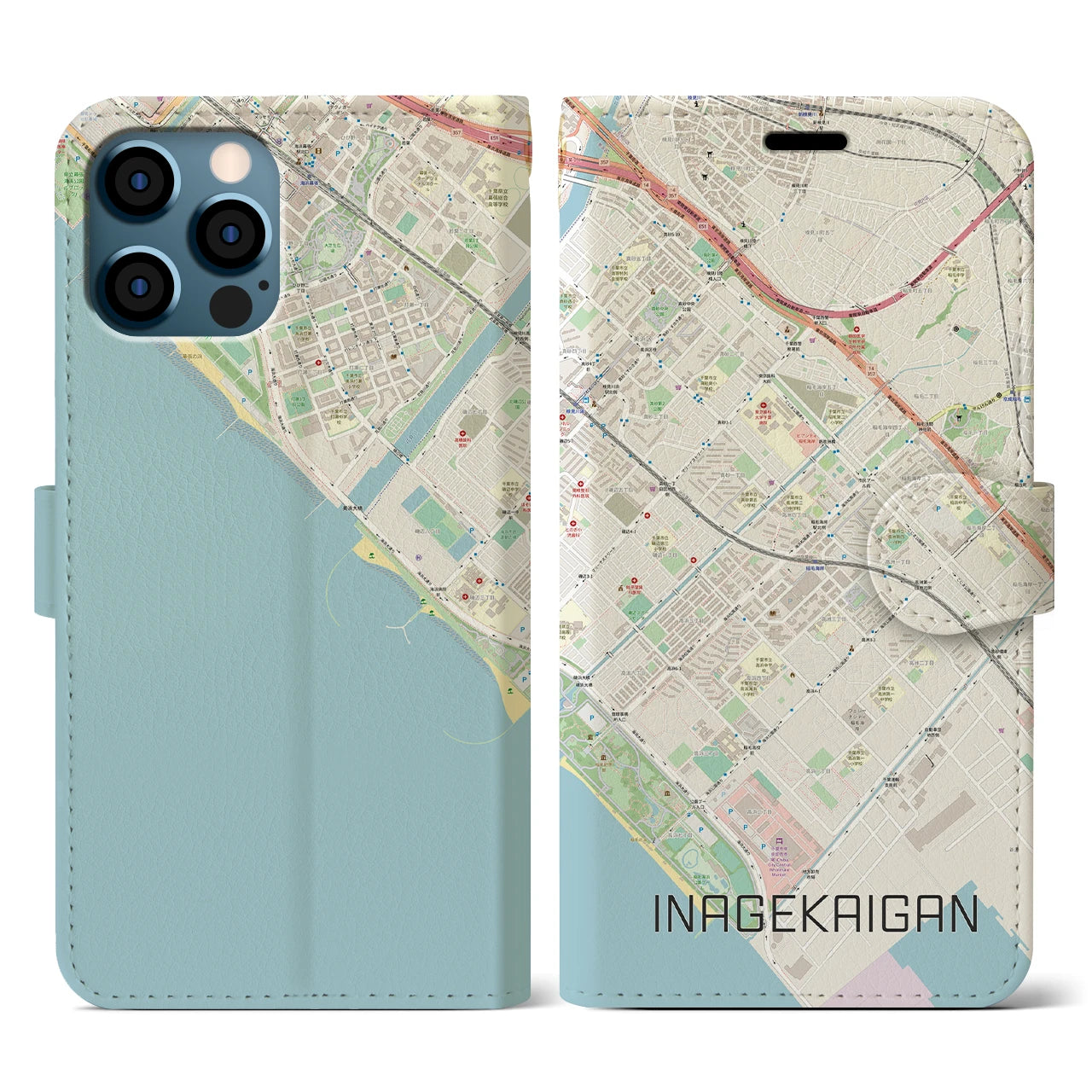 【稲毛海岸(千葉県)】地図柄iPhoneケース(手帳タイプ)ナチュラル・iPhone 12 / 12 Pro 用