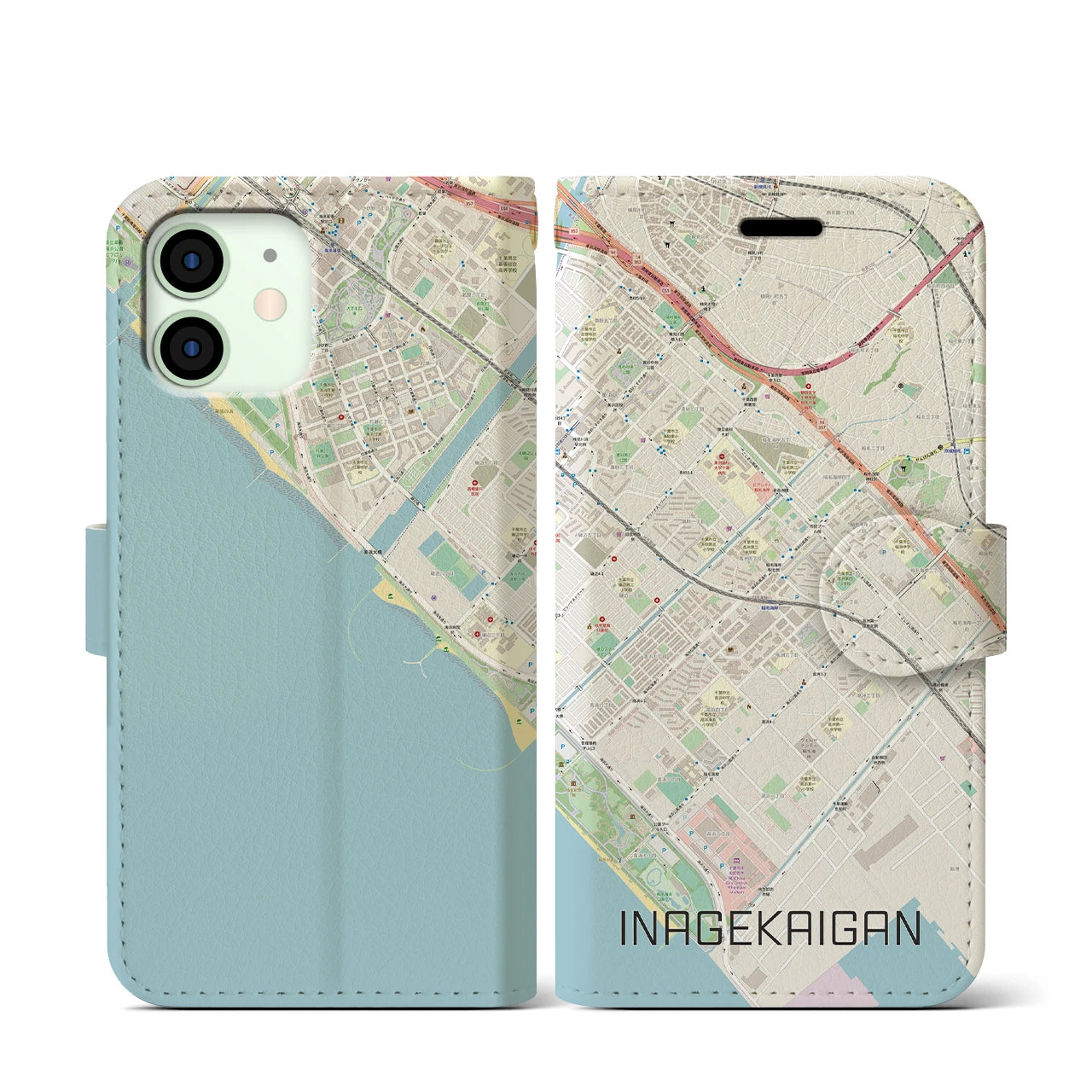 【稲毛海岸(千葉県)】地図柄iPhoneケース(手帳タイプ)ナチュラル・iPhone 12 mini 用