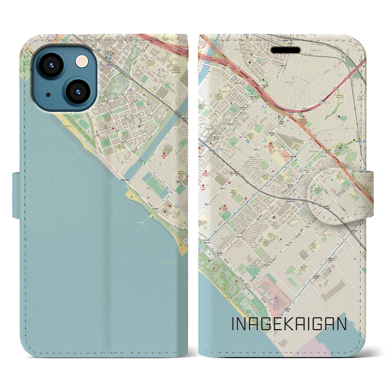 【稲毛海岸(千葉県)】地図柄iPhoneケース(手帳タイプ)ナチュラル・iPhone 13 用