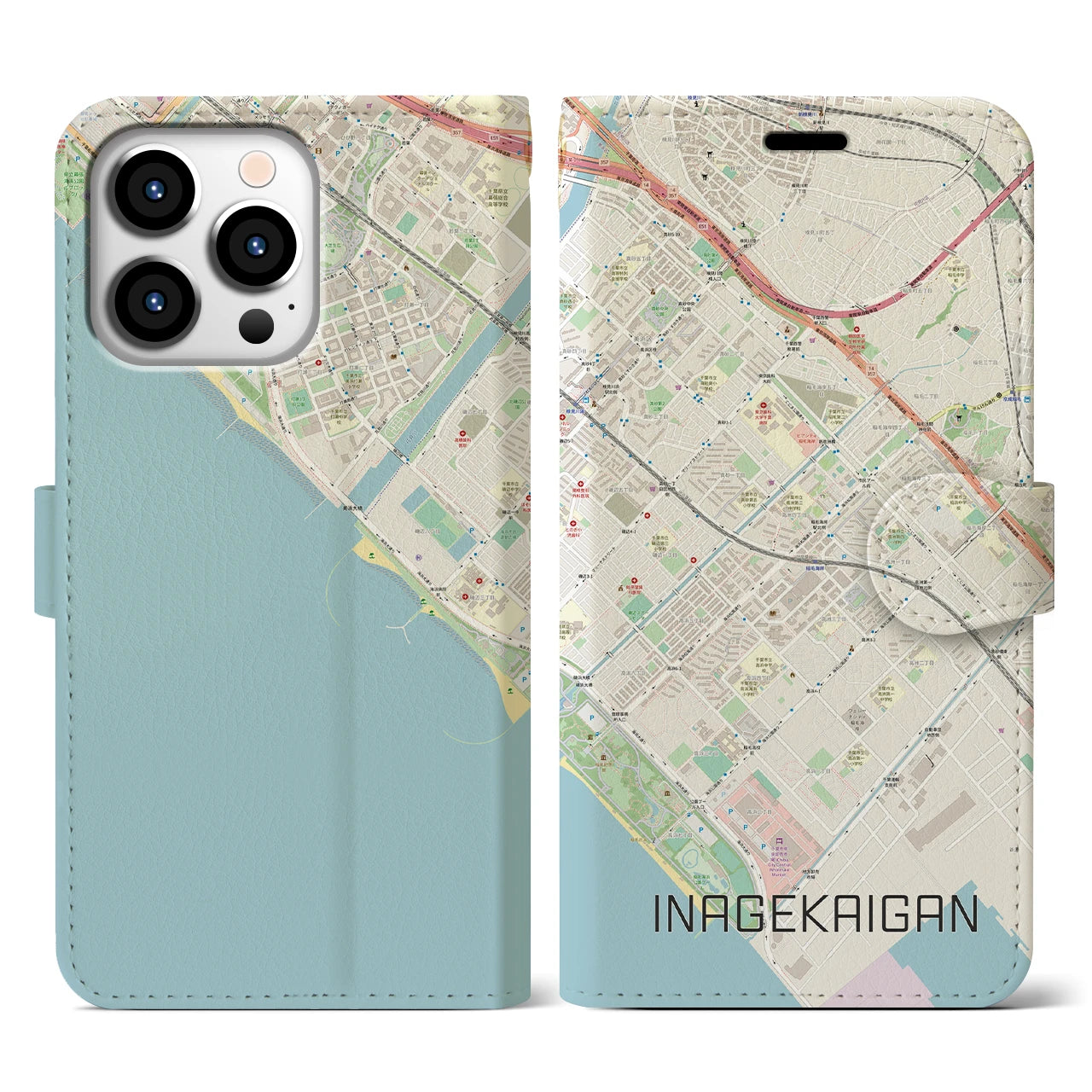 【稲毛海岸(千葉県)】地図柄iPhoneケース(手帳タイプ)ナチュラル・iPhone 13 Pro 用