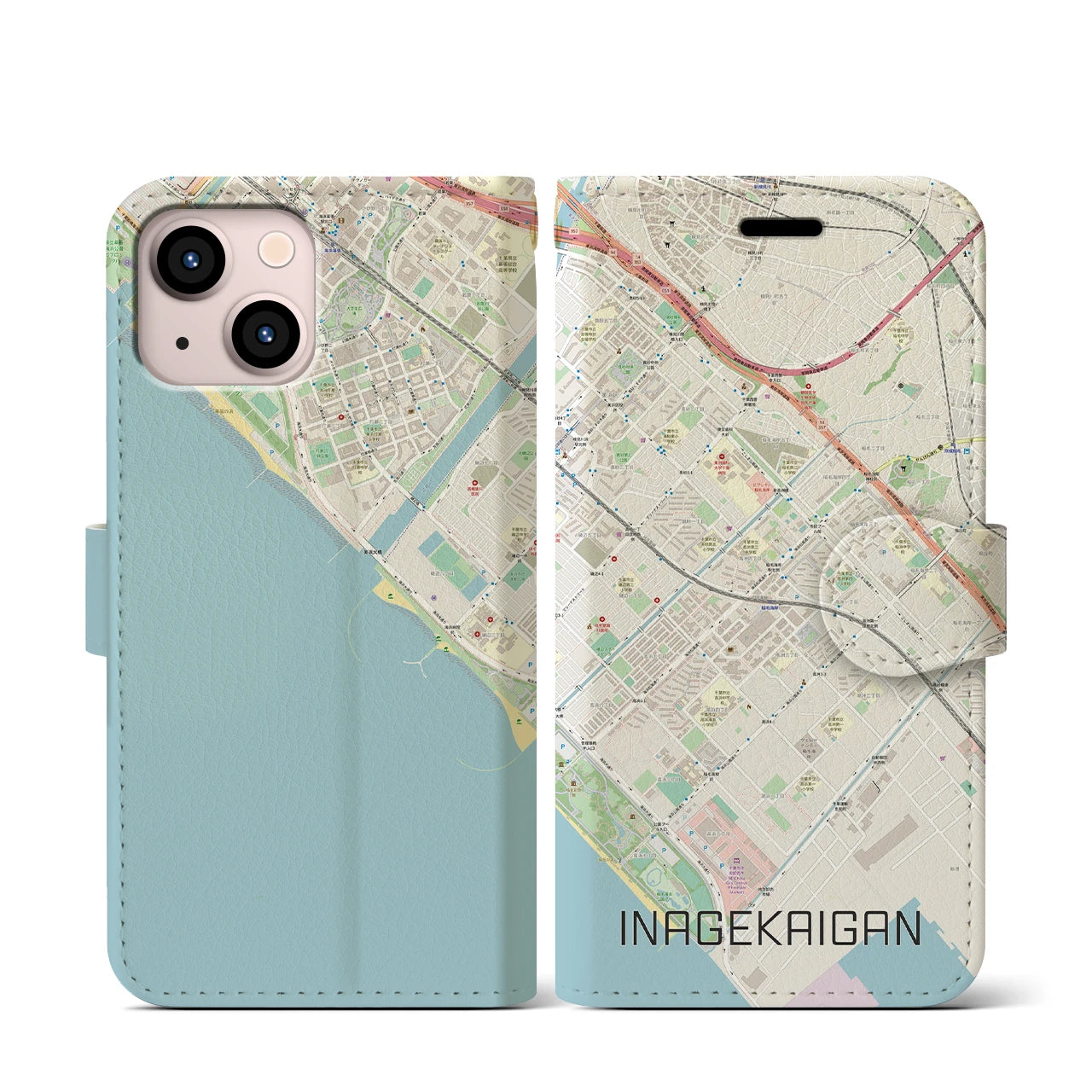 【稲毛海岸(千葉県)】地図柄iPhoneケース(手帳タイプ)ナチュラル・iPhone 13 mini 用