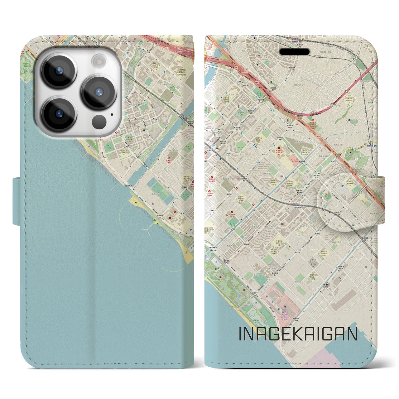 【稲毛海岸(千葉県)】地図柄iPhoneケース(手帳タイプ)ナチュラル・iPhone 14 Pro 用
