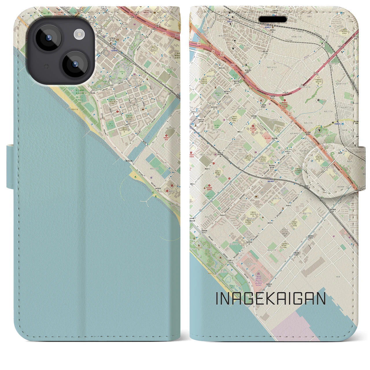 【稲毛海岸(千葉県)】地図柄iPhoneケース(手帳タイプ)ナチュラル・iPhone 14 Plus 用