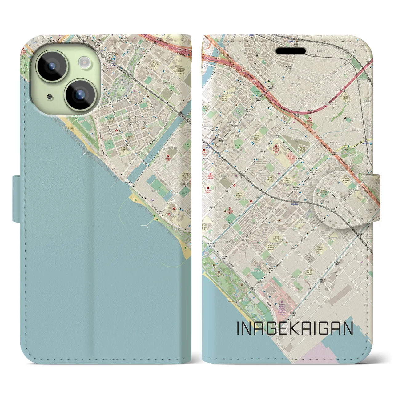 【稲毛海岸(千葉県)】地図柄iPhoneケース(手帳タイプ)ナチュラル・iPhone 15 用