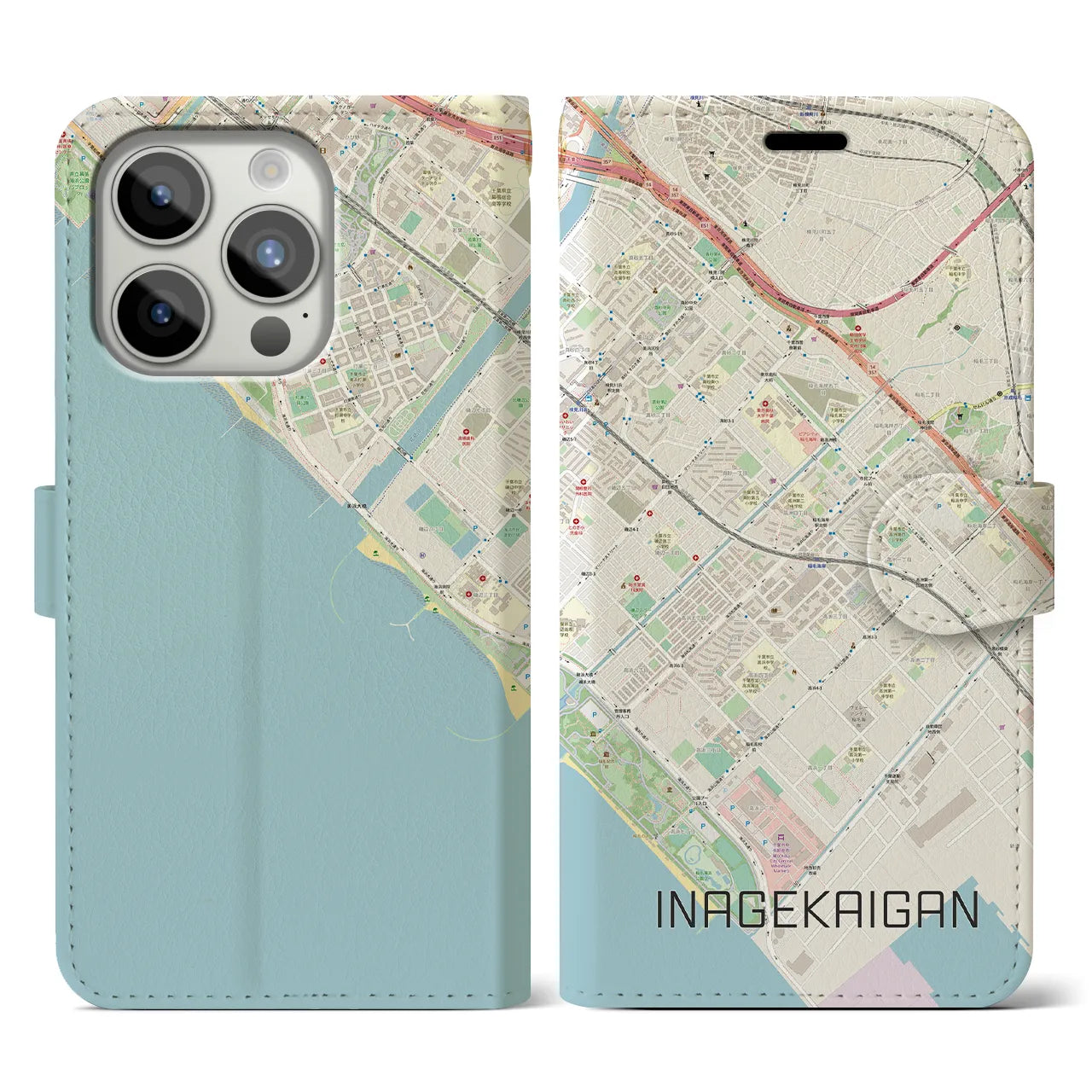 【稲毛海岸(千葉県)】地図柄iPhoneケース(手帳タイプ)ナチュラル・iPhone 15 Pro 用