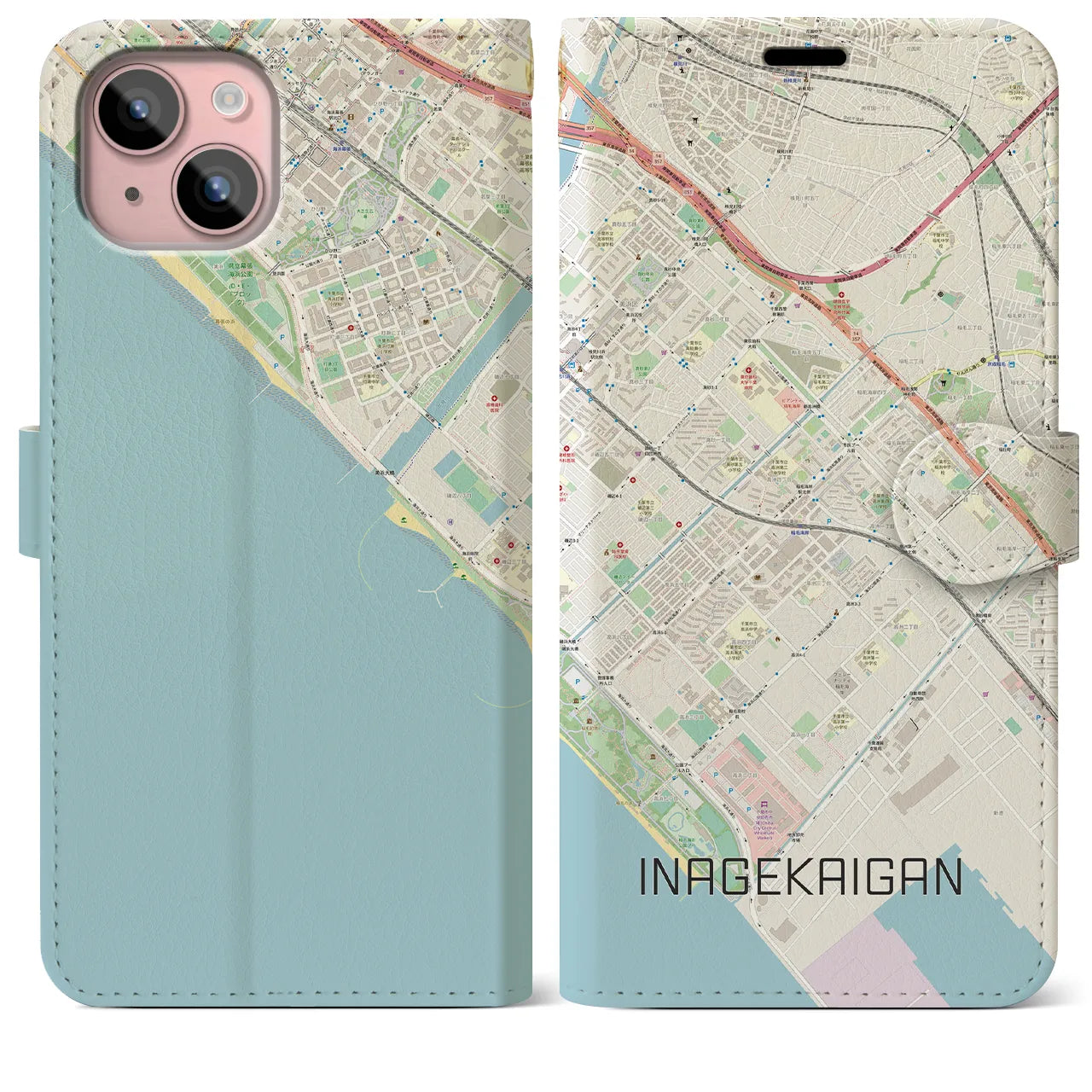 【稲毛海岸(千葉県)】地図柄iPhoneケース(手帳タイプ)ナチュラル・iPhone 15 Plus 用