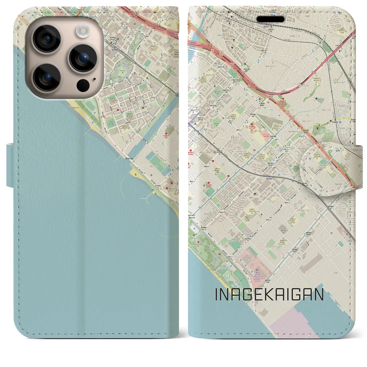 【稲毛海岸(千葉県)】地図柄iPhoneケース(手帳タイプ)ナチュラル・iPhone 16 Plus 用