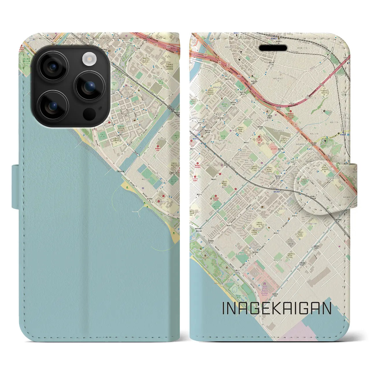 【稲毛海岸(千葉県)】地図柄iPhoneケース(手帳タイプ)ナチュラル・iPhone 16 用