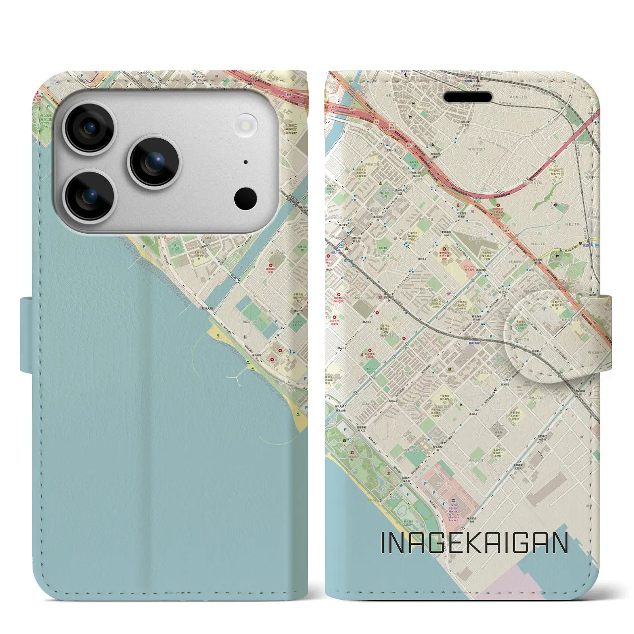 【稲毛海岸(千葉県)】地図柄iPhoneケース(手帳タイプ)ナチュラル・iPhone 17 Pro Max 用