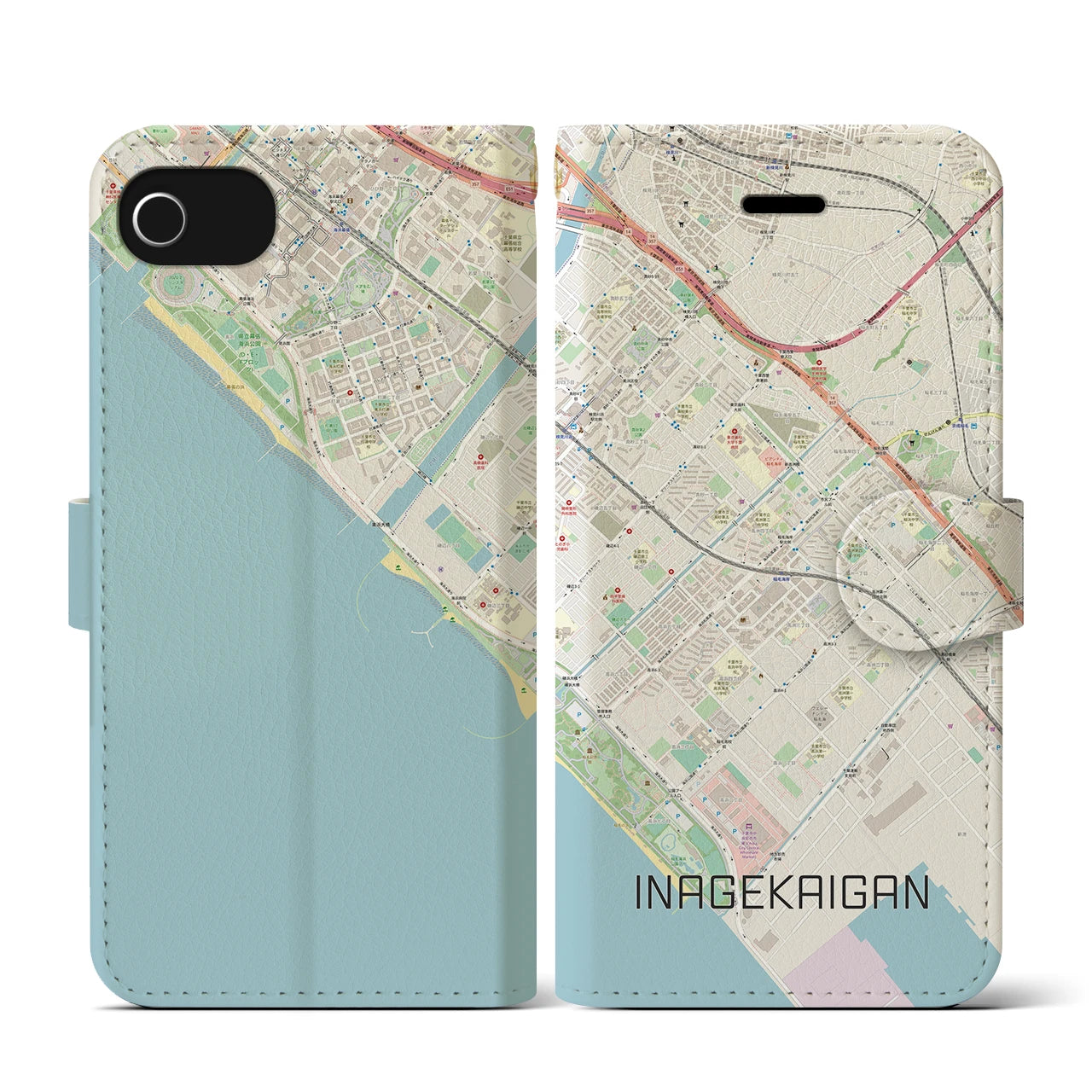 【稲毛海岸(千葉県)】地図柄iPhoneケース(手帳タイプ)ナチュラル・iPhone SE(第3 / 第2世代) / 8 / 7 / 6s / 6 用