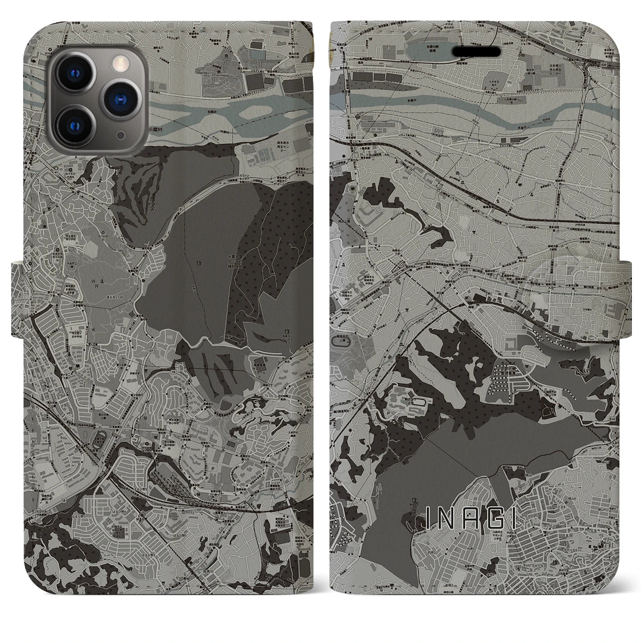 【稲城(東京都)】地図柄iPhoneケース(手帳タイプ)モノトーン・iPhone 11 Pro Max 用