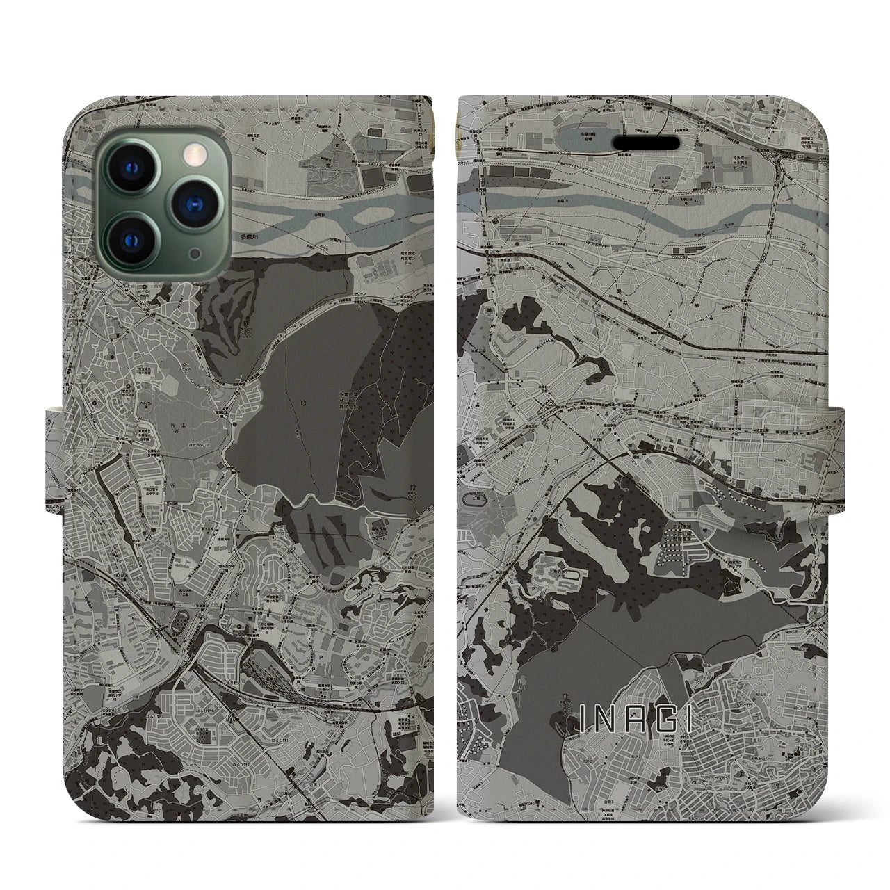 【稲城(東京都)】地図柄iPhoneケース(手帳タイプ)モノトーン・iPhone 11 Pro 用