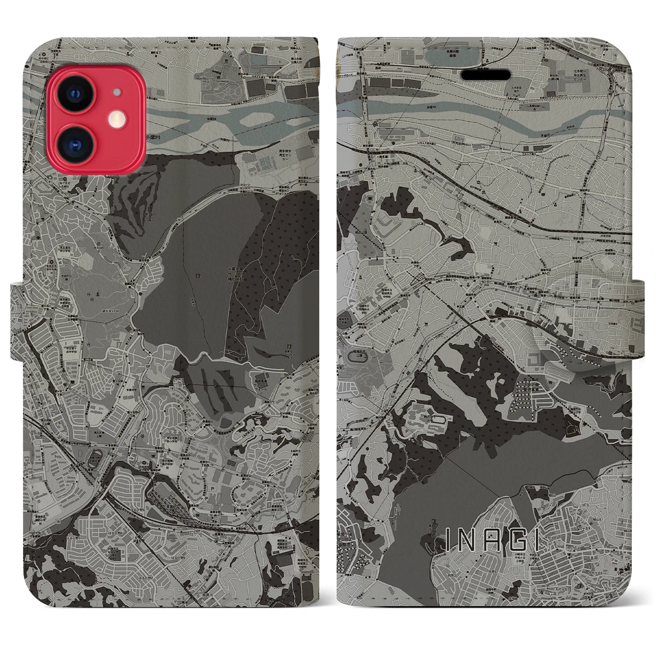 【稲城(東京都)】地図柄iPhoneケース(手帳タイプ)モノトーン・iPhone 11 用