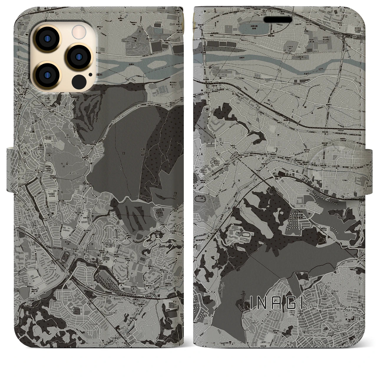 【稲城(東京都)】地図柄iPhoneケース(手帳タイプ)モノトーン・iPhone 12 Pro Max 用