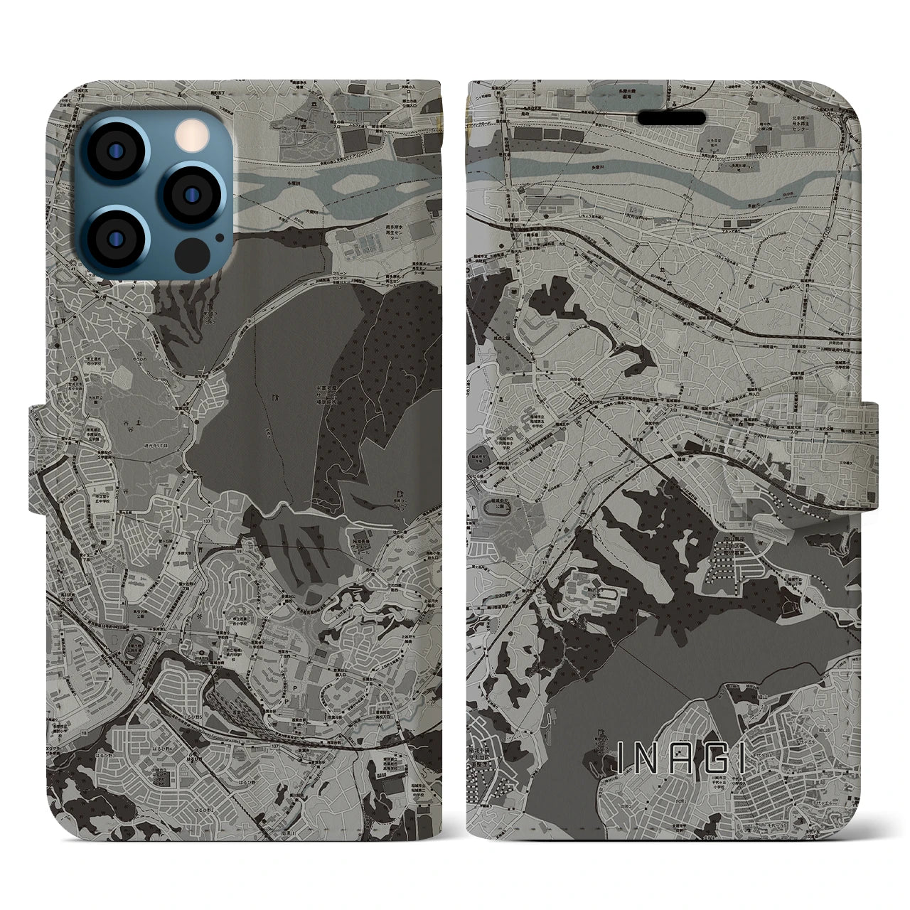 【稲城(東京都)】地図柄iPhoneケース(手帳タイプ)モノトーン・iPhone 12 / 12 Pro 用