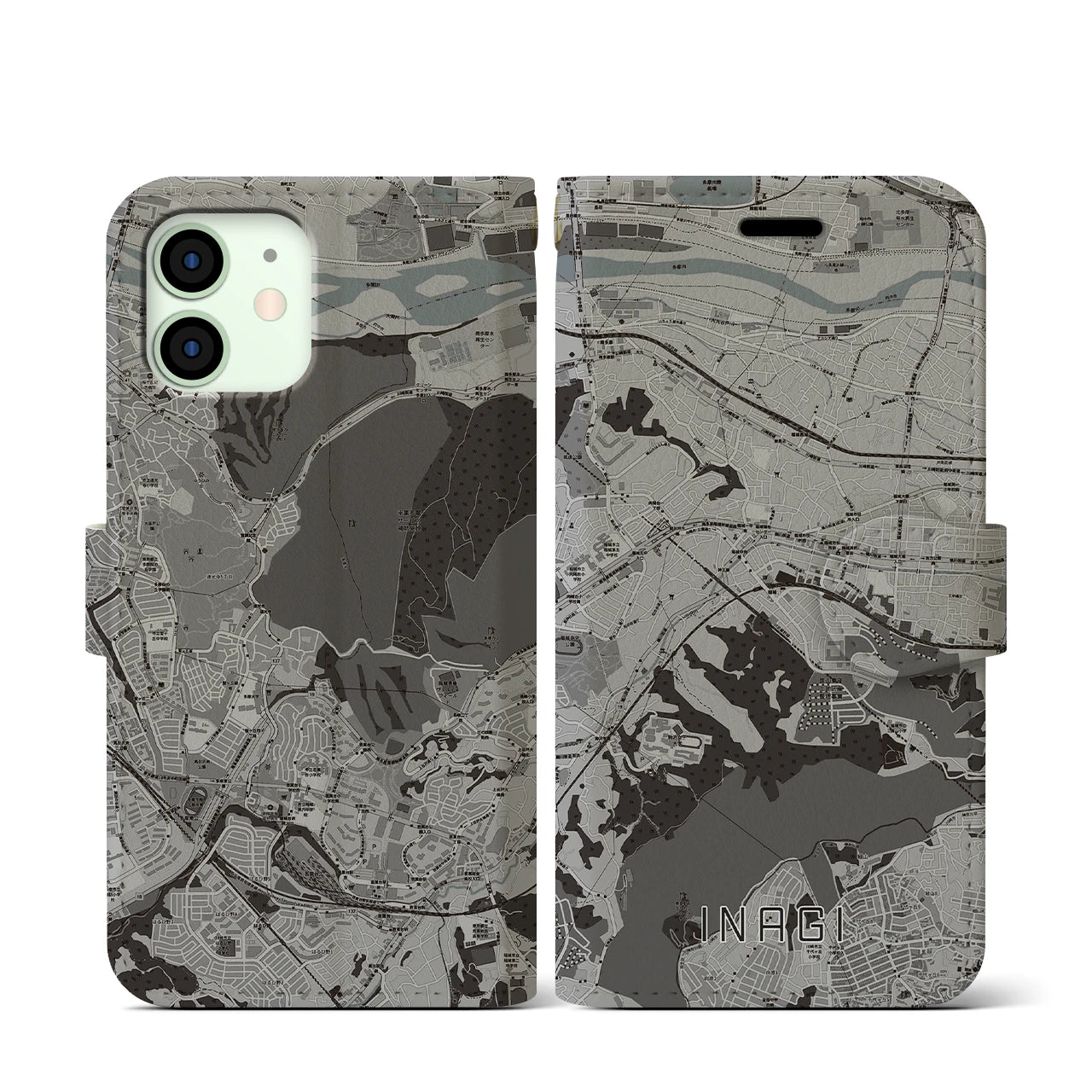 【稲城(東京都)】地図柄iPhoneケース(手帳タイプ)モノトーン・iPhone 12 mini 用
