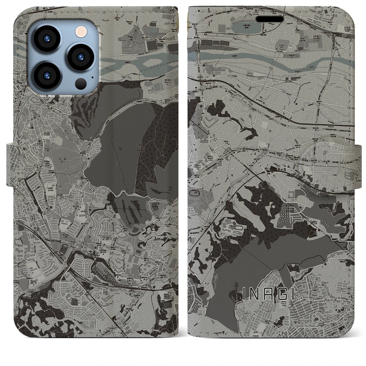 【稲城(東京都)】地図柄iPhoneケース(手帳タイプ)モノトーン・iPhone 13 Pro Max 用