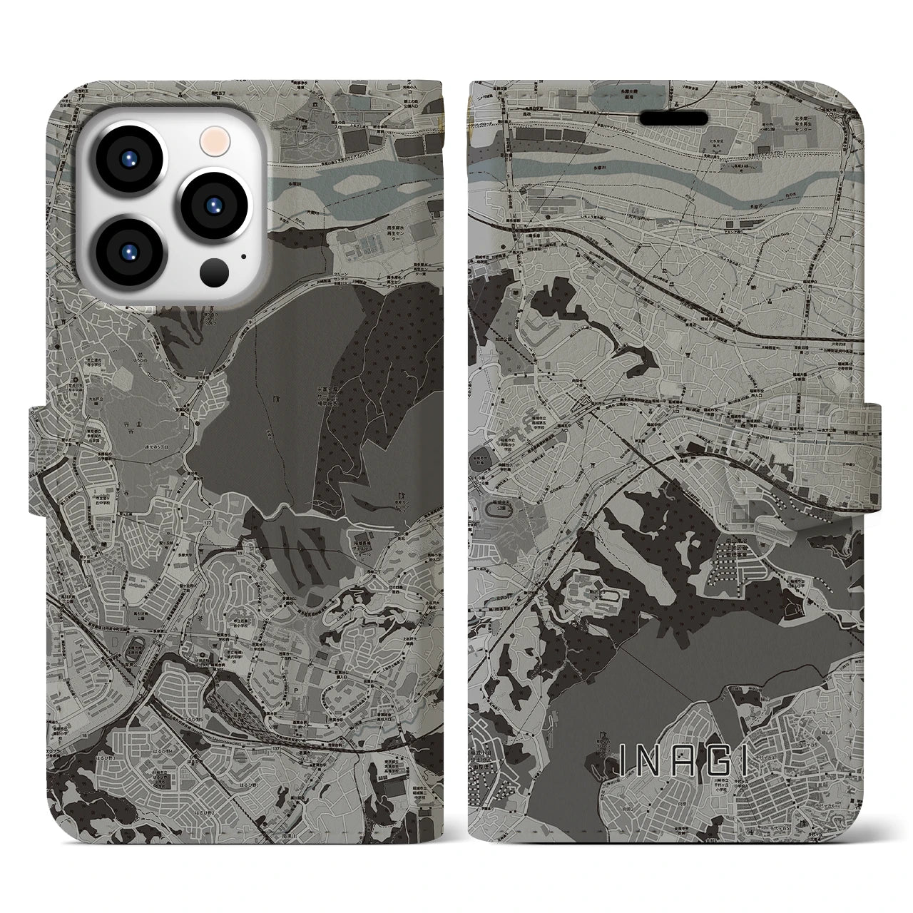 【稲城(東京都)】地図柄iPhoneケース(手帳タイプ)モノトーン・iPhone 13 Pro 用