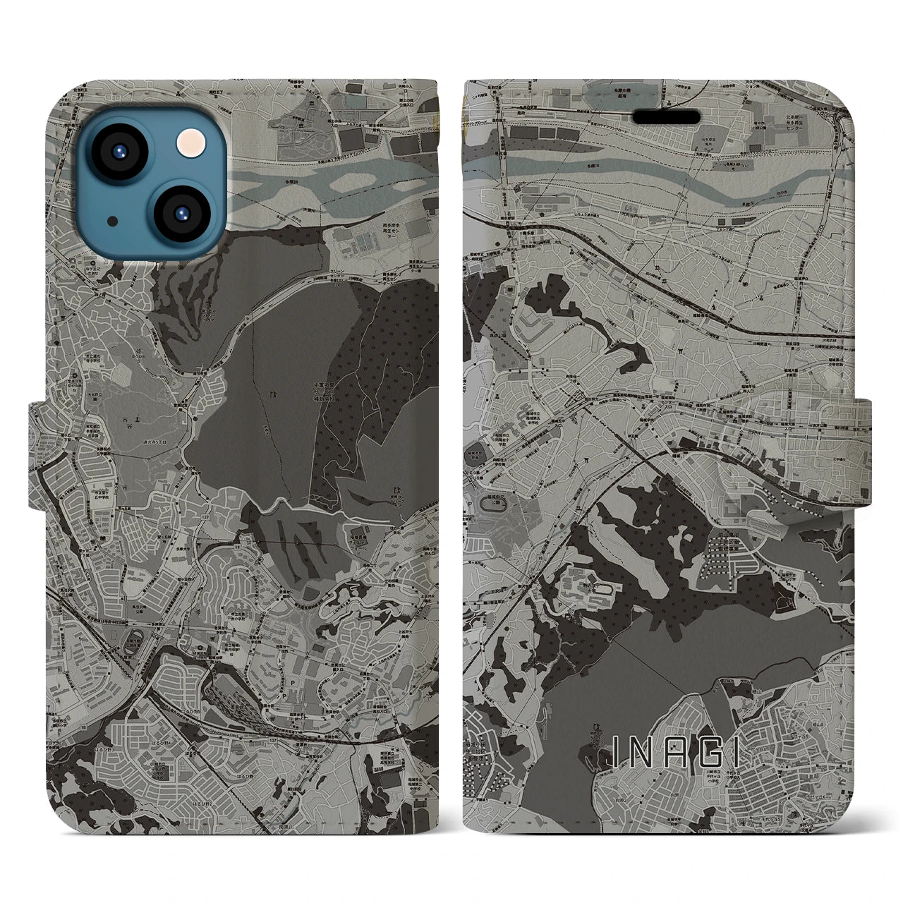 【稲城(東京都)】地図柄iPhoneケース(手帳タイプ)モノトーン・iPhone 13 用