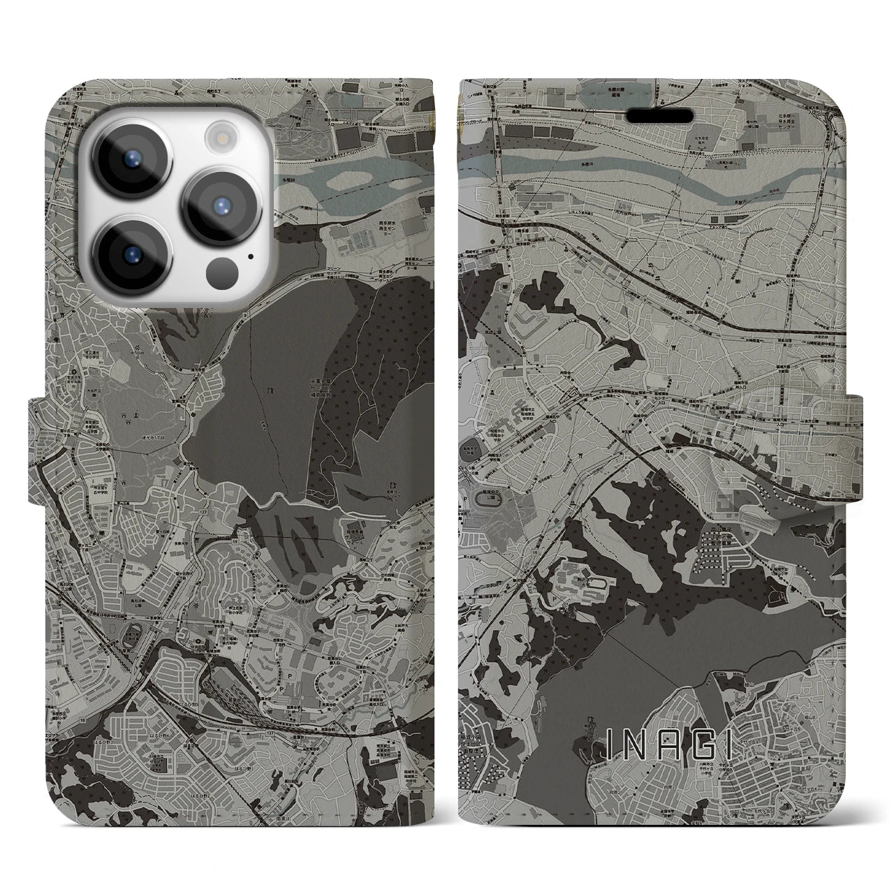 【稲城(東京都)】地図柄iPhoneケース(手帳タイプ)モノトーン・iPhone 14 Pro 用
