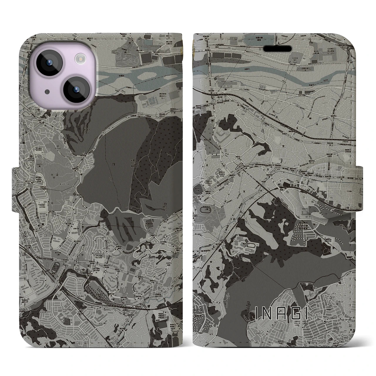 【稲城(東京都)】地図柄iPhoneケース(手帳タイプ)モノトーン・iPhone 14 用