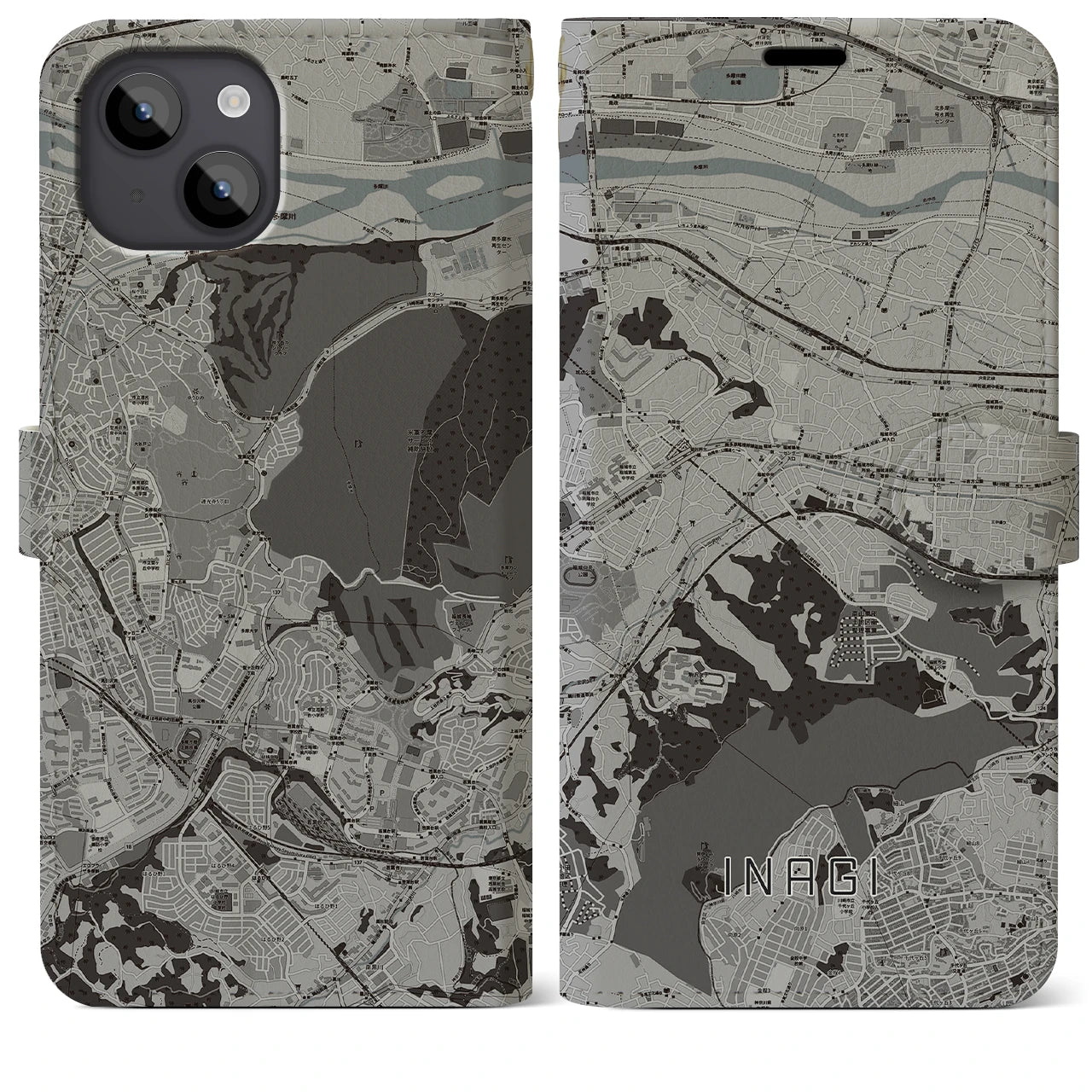 【稲城(東京都)】地図柄iPhoneケース(手帳タイプ)モノトーン・iPhone 14 Plus 用