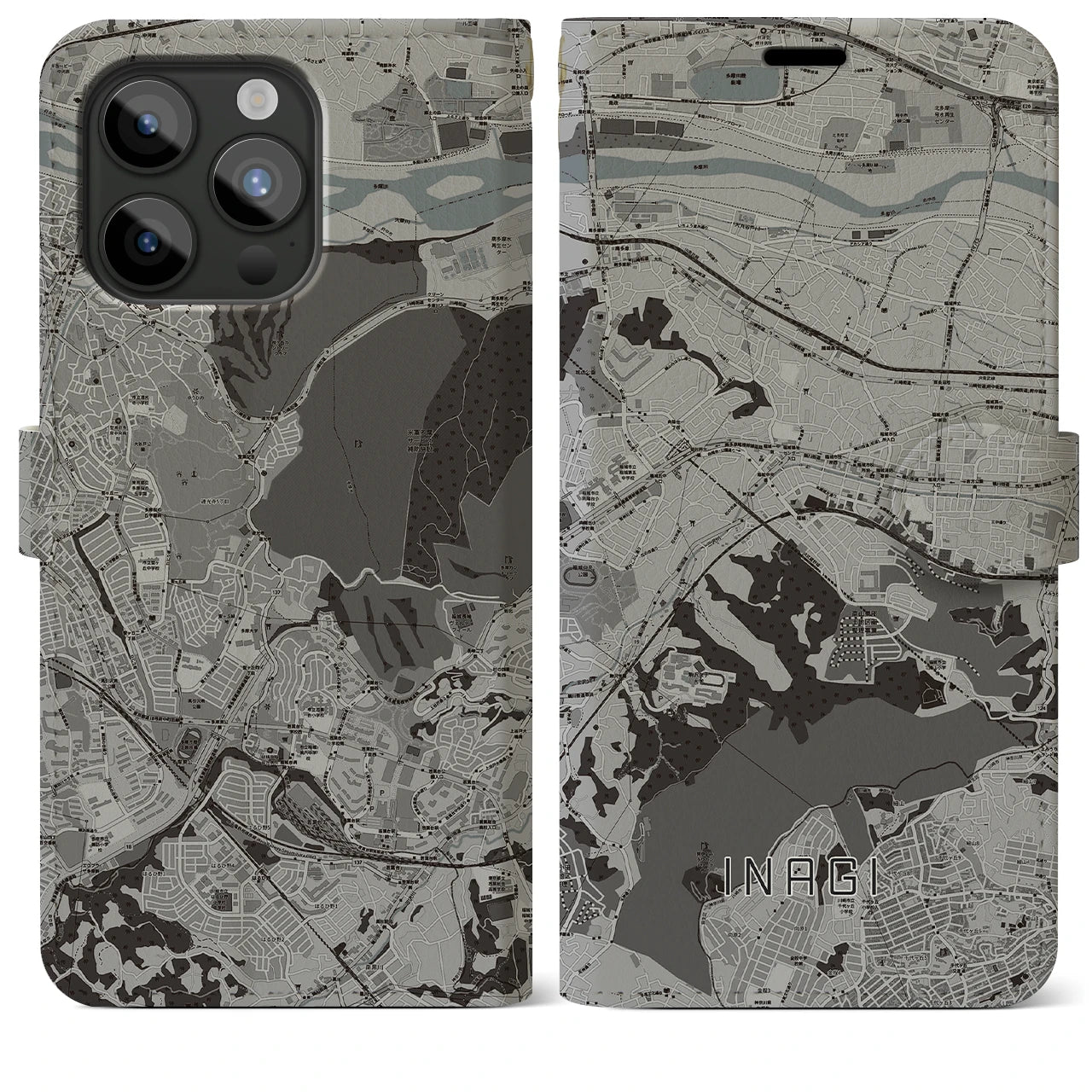 【稲城(東京都)】地図柄iPhoneケース(手帳タイプ)モノトーン・iPhone 15 Pro Max 用