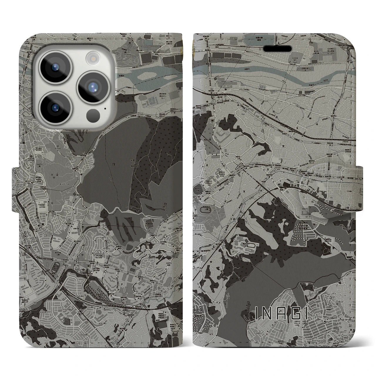 【稲城(東京都)】地図柄iPhoneケース(手帳タイプ)モノトーン・iPhone 15 Pro 用