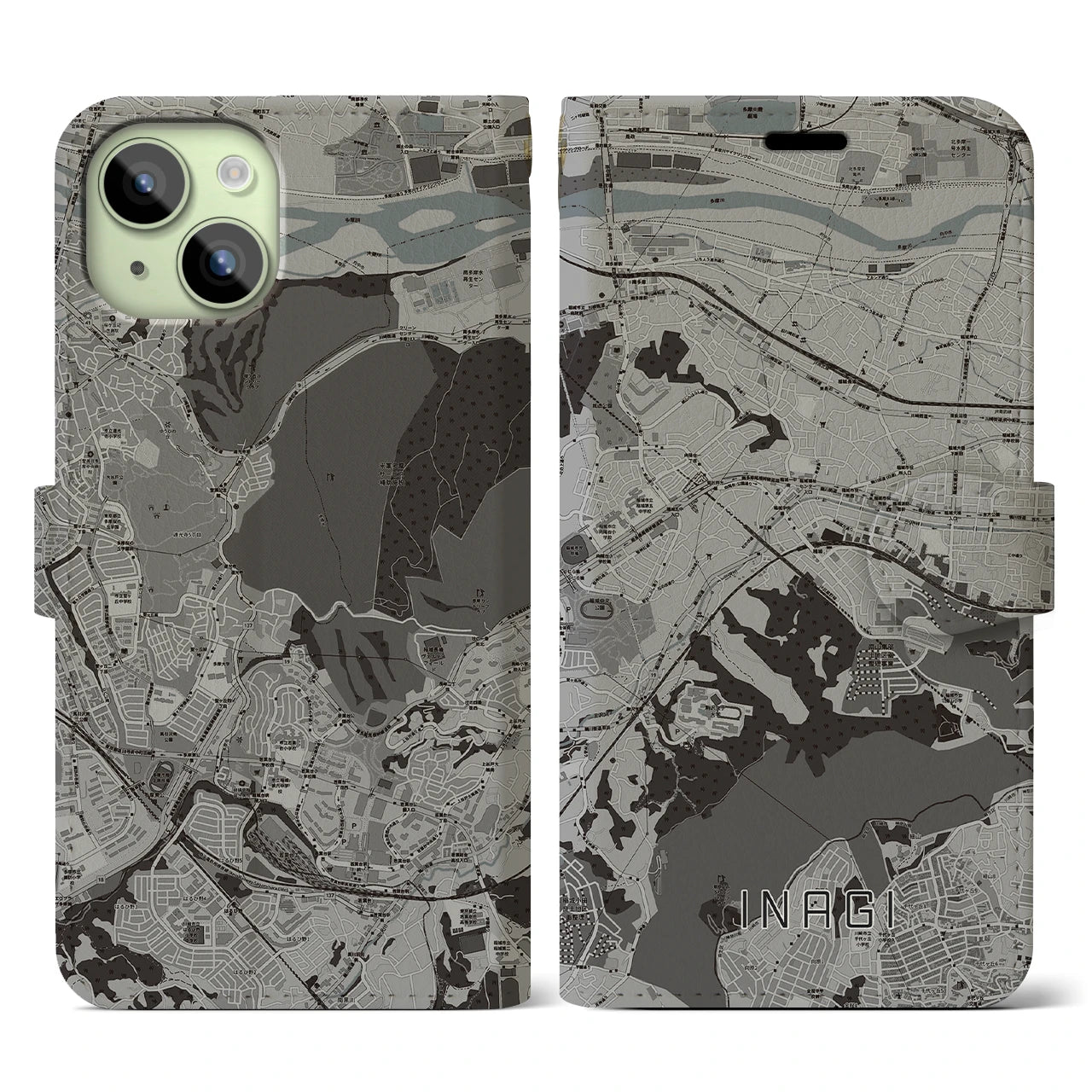【稲城(東京都)】地図柄iPhoneケース(手帳タイプ)モノトーン・iPhone 15 用
