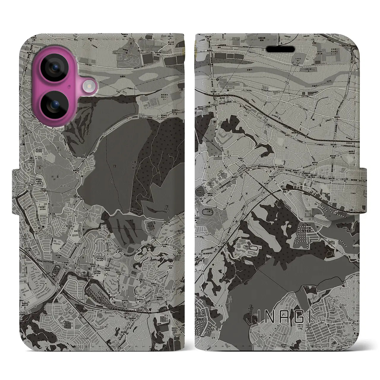 【稲城(東京都)】地図柄iPhoneケース(手帳タイプ)モノトーン・iPhone 16 Pro 用