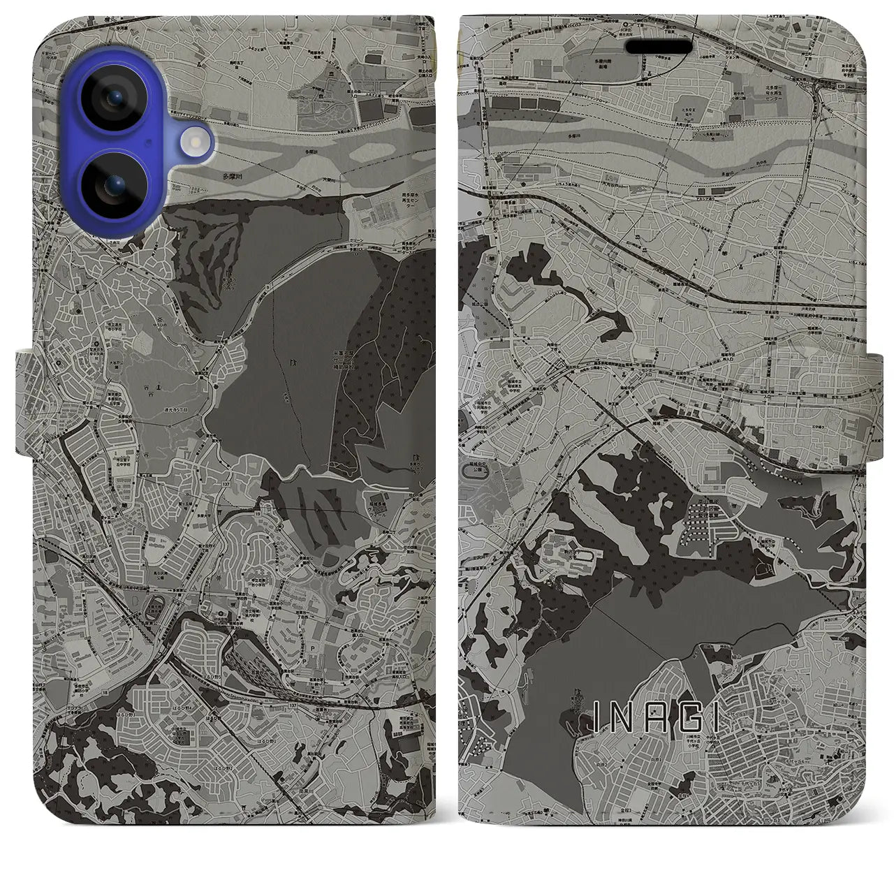 【稲城(東京都)】地図柄iPhoneケース(手帳タイプ)モノトーン・iPhone 16 Pro Max 用
